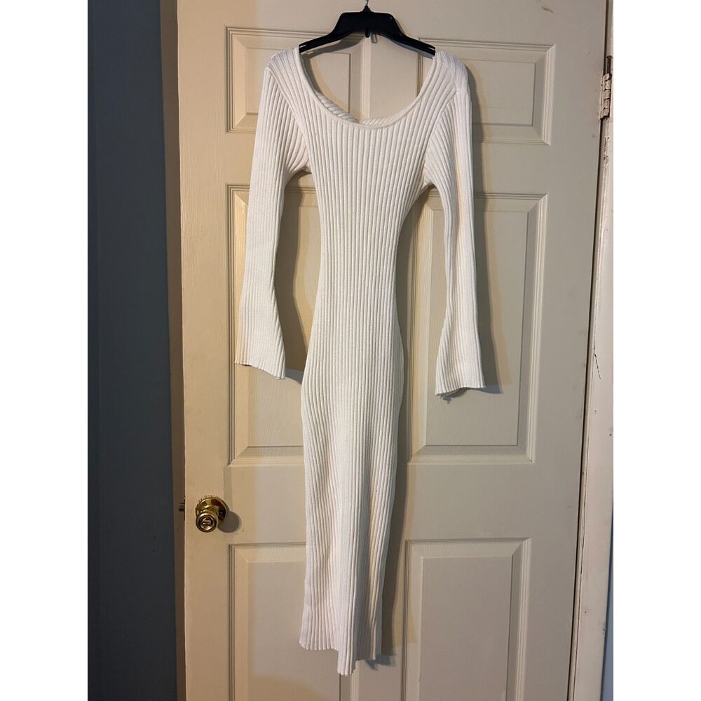12th Tribe White Ribbed Long Bell Sleeve Cross Back Knit Bodycon Maxi Dress M
